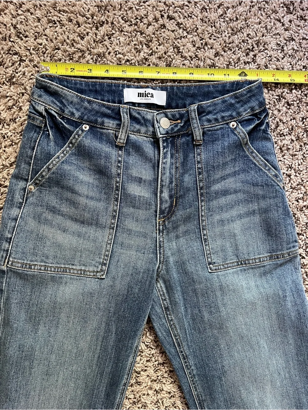 Mica Los Angeles High Rise Straight Leg Patch Pocket Raw Hem Jeans Med Wash 26‎